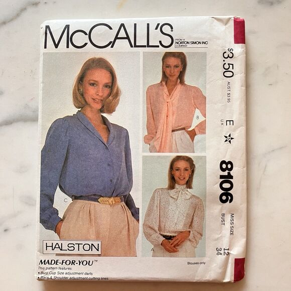 Vintage McCalls 8106 Pattern Misses 1980s Button Up Shirt Blouse Halston - Picture 1 of 9